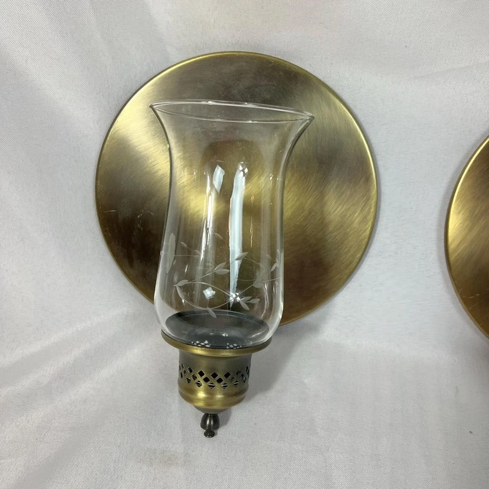 Vintage Brass Wall Sconces Pair Etched Glass Hurricane Shades Round Backplates